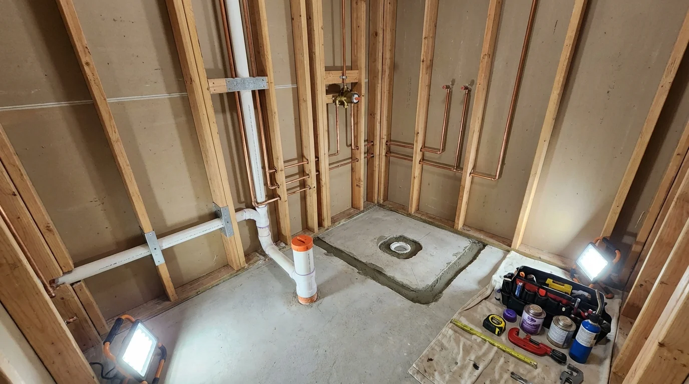 Bathroom rough-in plumbing during remodel by Johns Plumbing LLC in Dassel