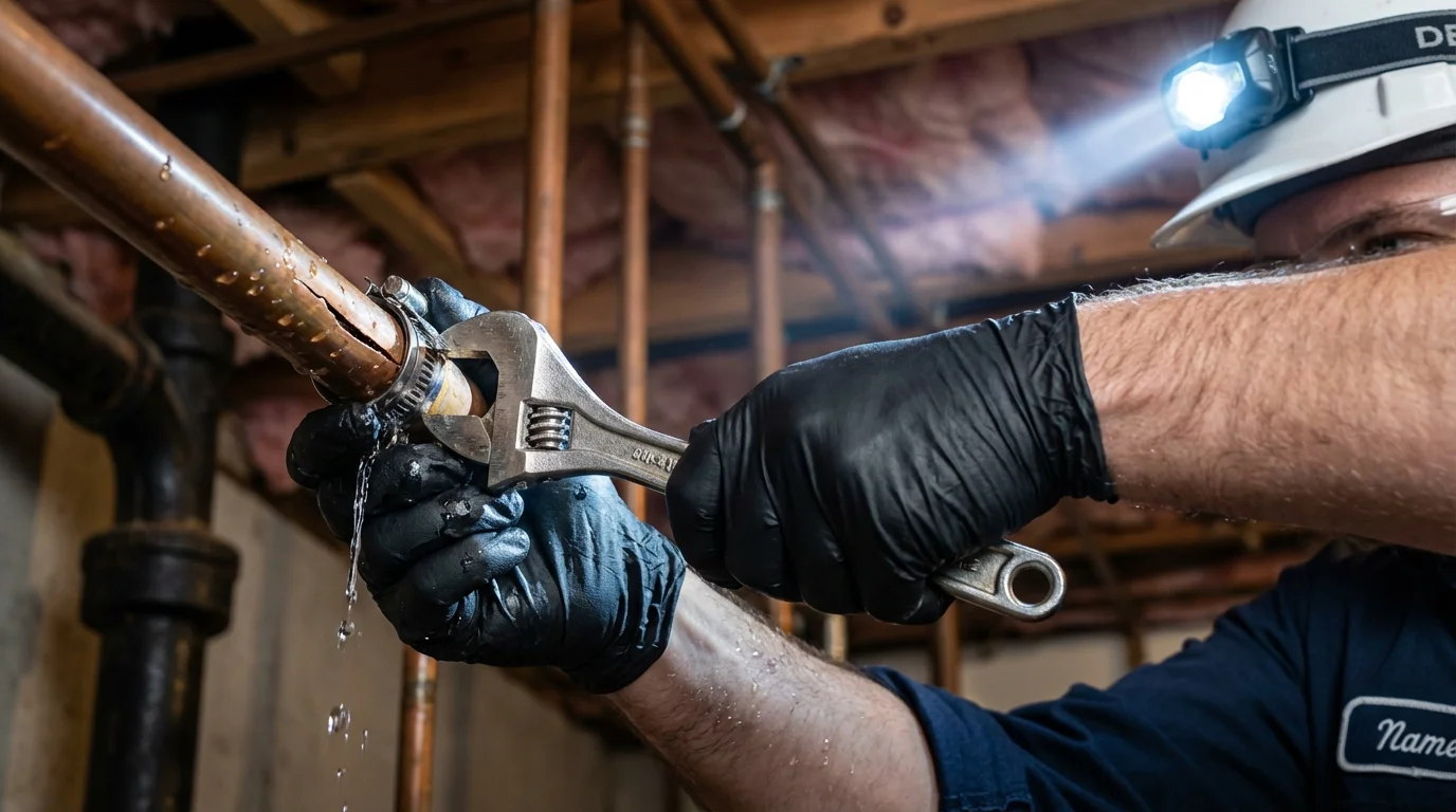 Emergency pipe clamp repair being performed by a Johns Plumbing LLC plumber in Dassel