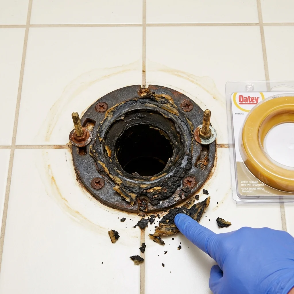 Failed wax ring showing water seepage at the base of a toilet in a Dassel, MN home